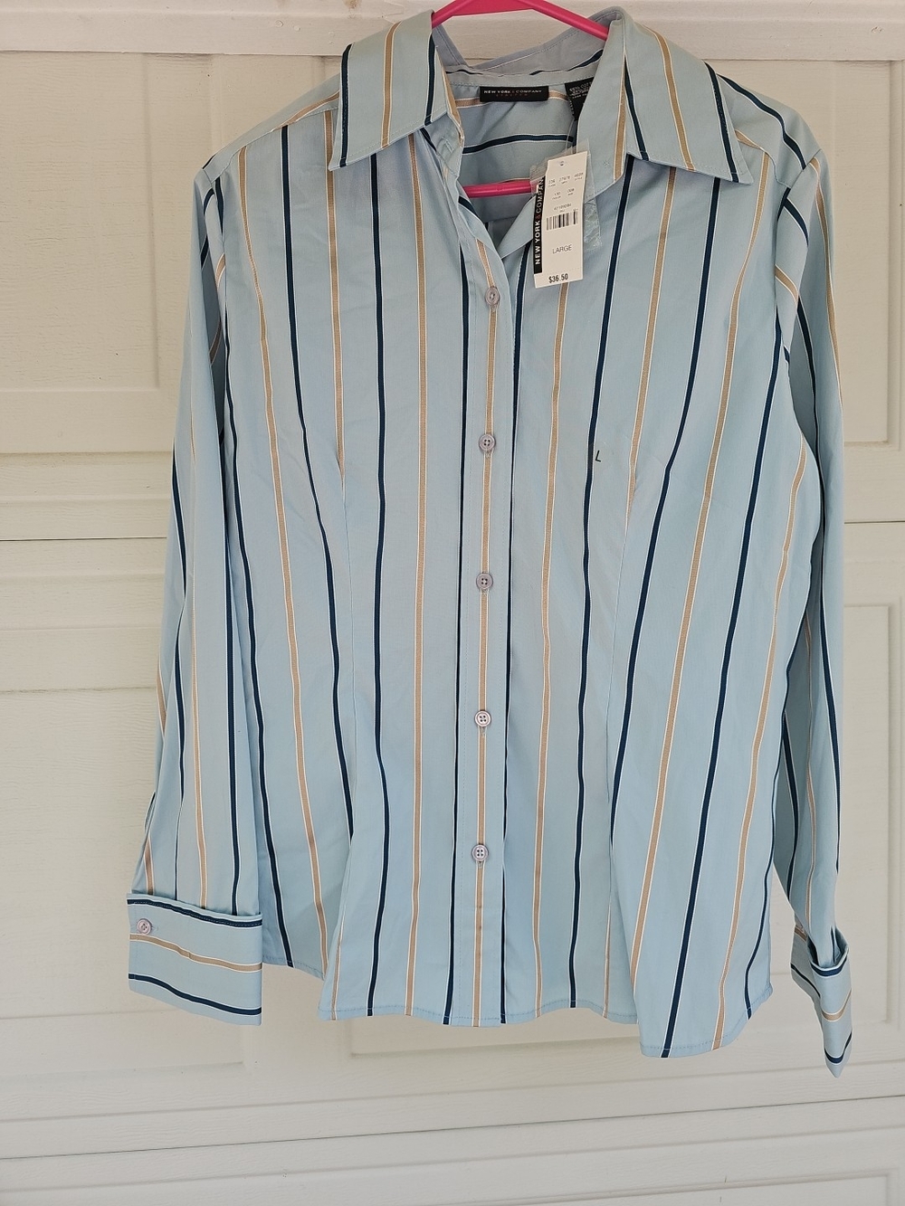 New York & Company L Long Sleeve Stretch Button Up Shirt Women's Blue Striped